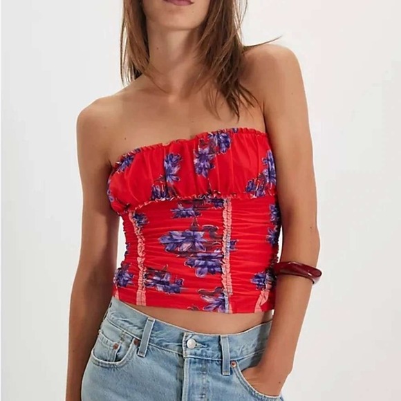 Free People Tops - Free People Womens Scottie Tube Top Size S Red Floral Polka Dot Ruched Strapless